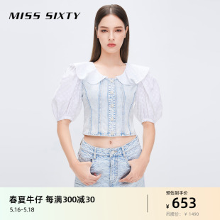 Miss Sixty含醋酸牛仔短袖衬衫女法式拼接娃娃领甜美泡泡袖衬衣