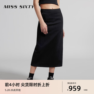 Miss Sixty2024夏季新款牛仔半身裙女复古开衩设计黑色显瘦长裙