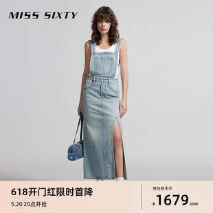 Miss Sixty2024夏季新款背带牛仔连衣裙减龄少女感复古工装开衩