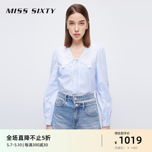 Miss Sixty衬衫女钉珠系带甜美娃娃领蓝白条纹清新灯笼袖纯棉衬衣