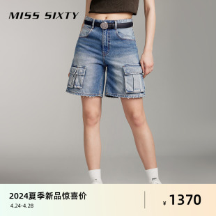 Miss Sixty2024夏季新款牛仔短裤女复古工装风口袋破洞高腰显瘦