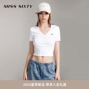 Miss Sixty2024夏季新款短袖T恤女V领撞色印花微弹修身显瘦休闲