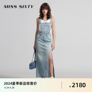 Miss Sixty2024夏季新款背带牛仔连衣裙减龄少女感复古工装开衩