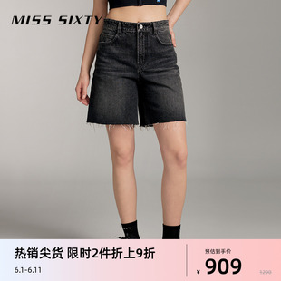 【限时折上折】Miss Sixty24夏新款牛仔短裤女黑灰高腰直筒裤磨破