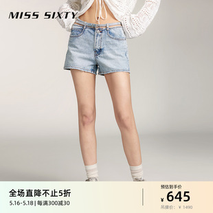 Miss Sixty夏季复古浅蓝色牛仔短裤女配腰带性感辣妹风钉珠印花