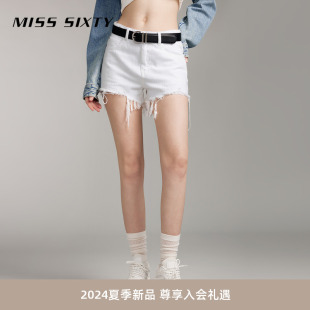 Miss Sixty2024夏季新款白色牛仔短裤女高腰磨破洞拉须显瘦直筒