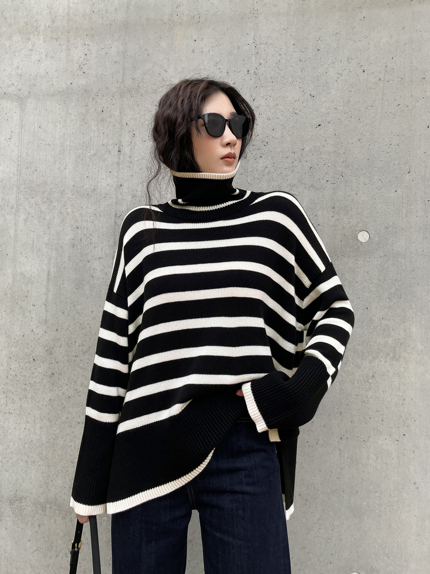 条纹高领大毛衣女春秋宽松套头羊毛针织上衣2022年软糯加厚针织衫