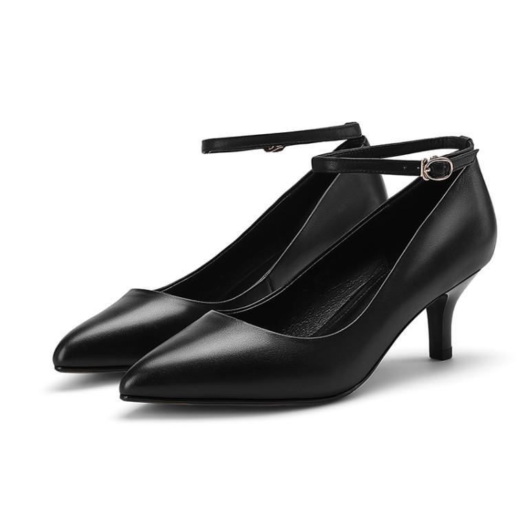 兰迪雅歌一字式扣带女鞋头层牛皮猪皮里尖头低帮细中低高跟单鞋女