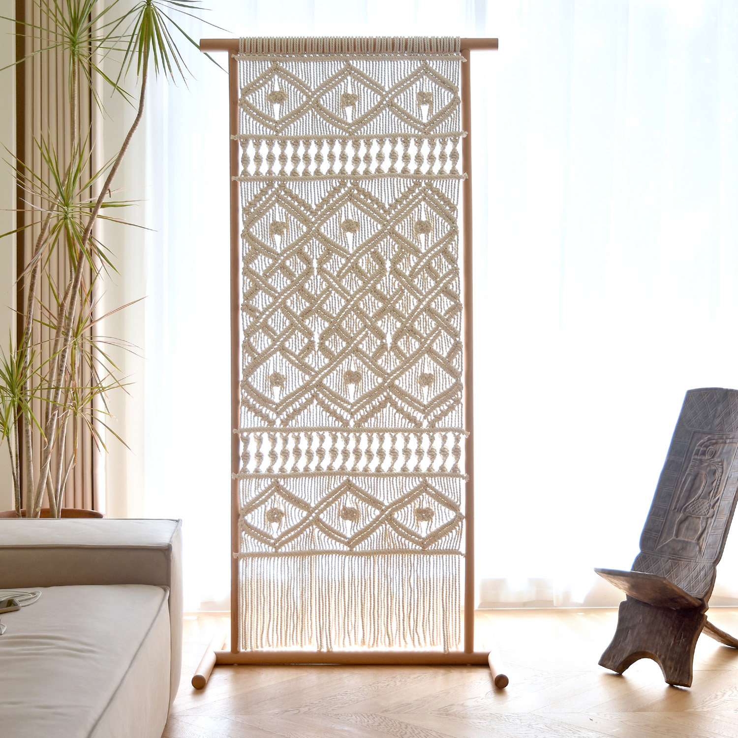 那一挂原创手工编织实木屏风座屏 中式日式装饰隔断玄关客厅 成品