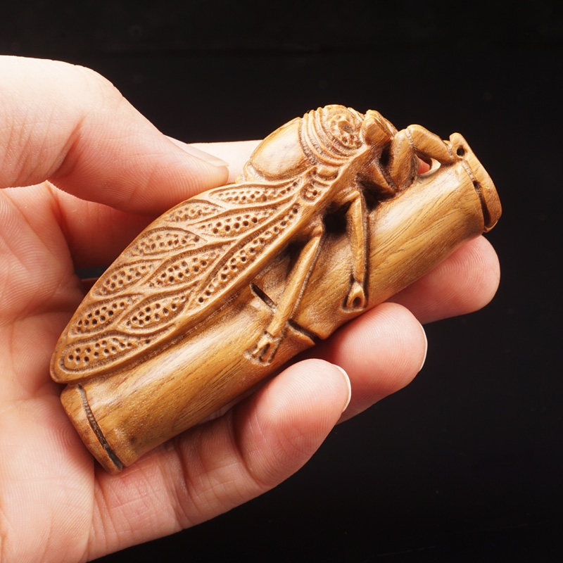 绿檀木檀香一鸣惊人把玩件红木雕刻实木文玩知了随身挂件蝉手把件
