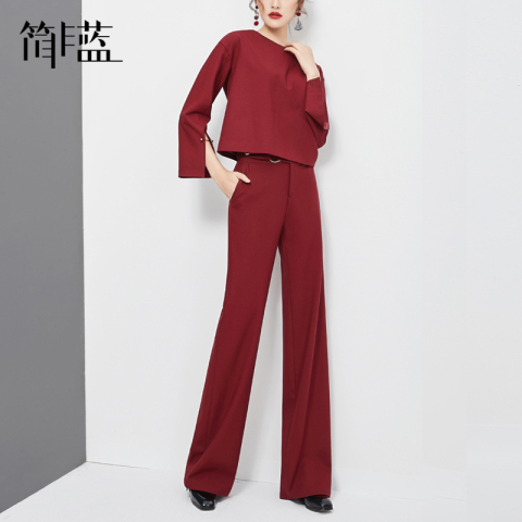 简非蓝酒红色上衣阔腿裤套装女两件套气质洋气时尚正装2019秋冬