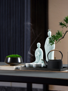 新中式禅意绿植盆景迎客松茶具套装人物摆件书桌茶室茶台软装饰品