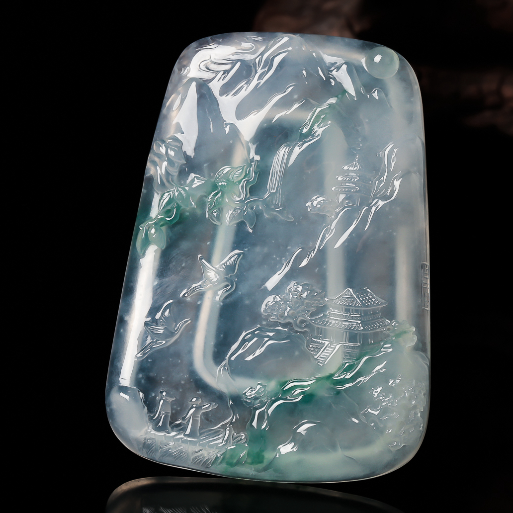 收藏级天然缅甸翡翠a货高冰飘花意境山水69.01克