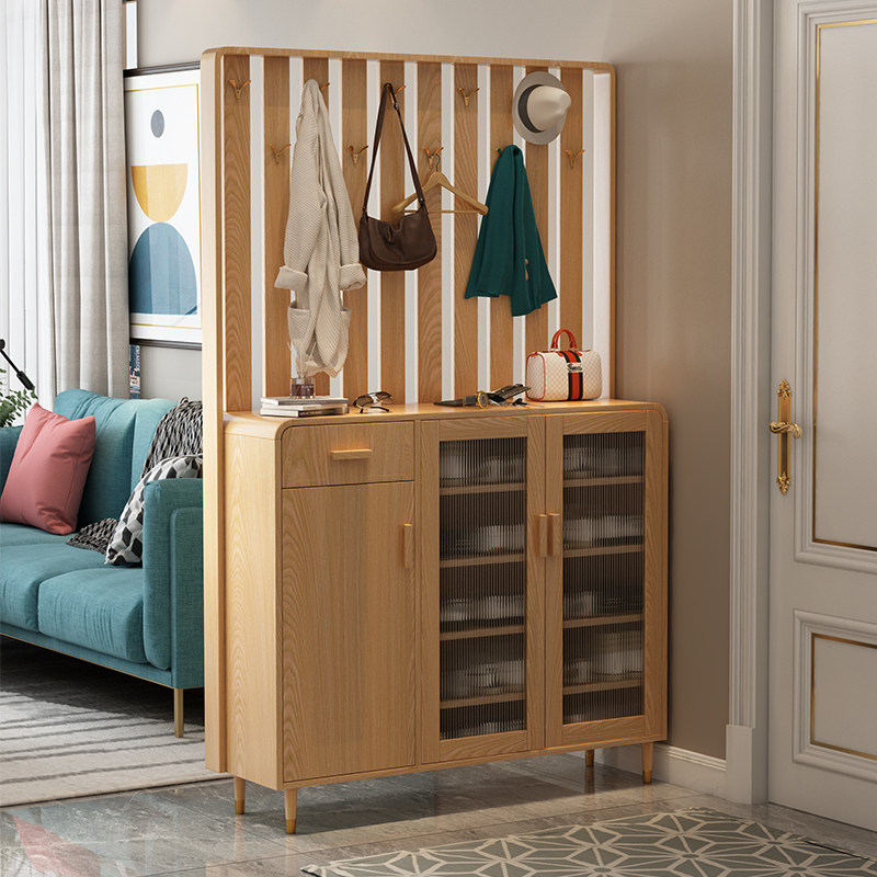 北欧鞋柜带挂衣架实木色家门口储物柜子客厅入户玄关柜高柜门厅柜
