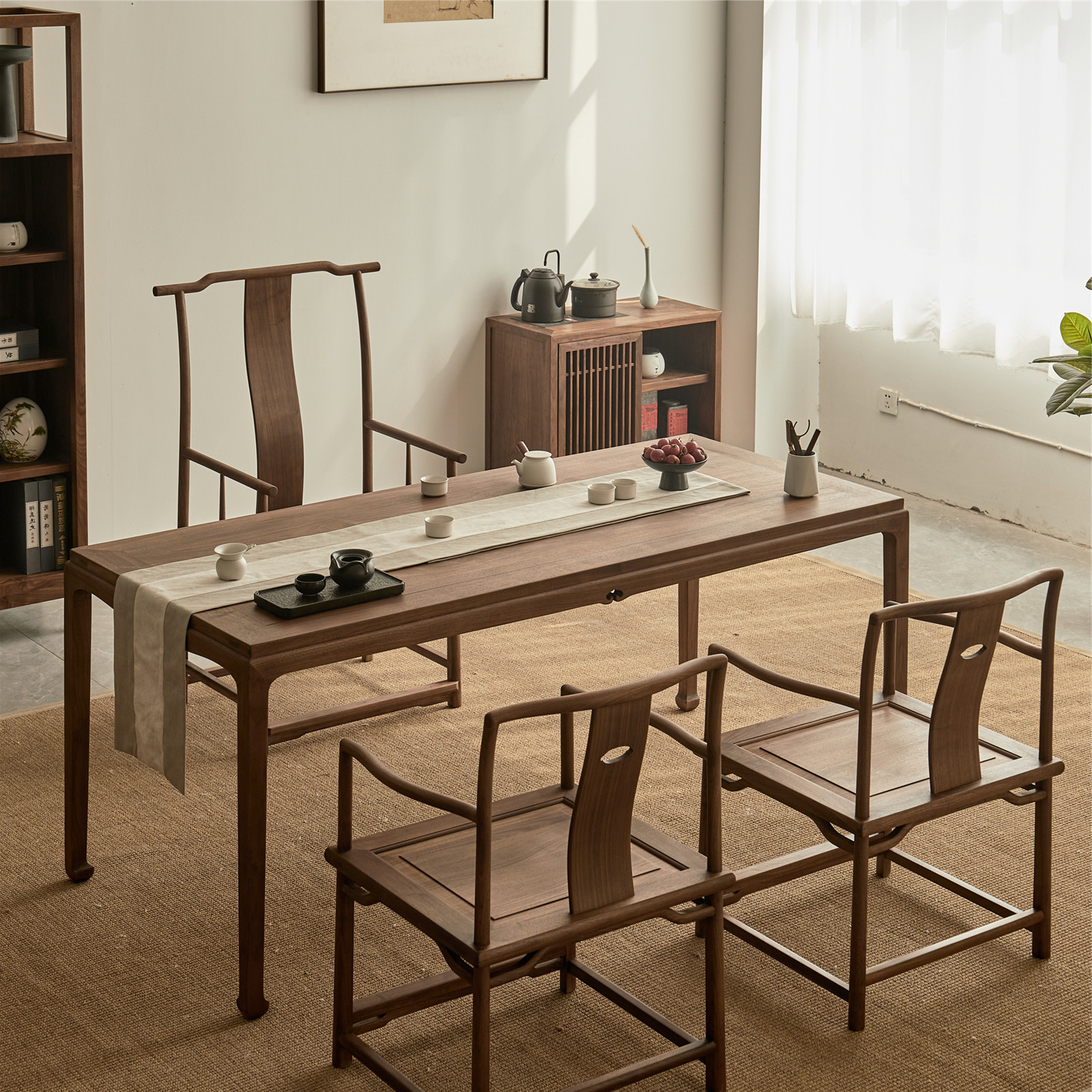 叙木新中式茶桌椅组合黑胡桃实木桌禅意轻奢书桌椅小户型茶台家具