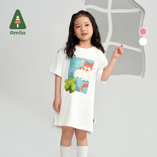 Amila女童卡通短袖T恤裙2024夏季新款中童小女孩白色休闲连衣裙子