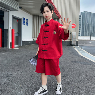 新中式男童汉服套装儿童装夏装唐装红色古风男孩表演服盘扣两件套