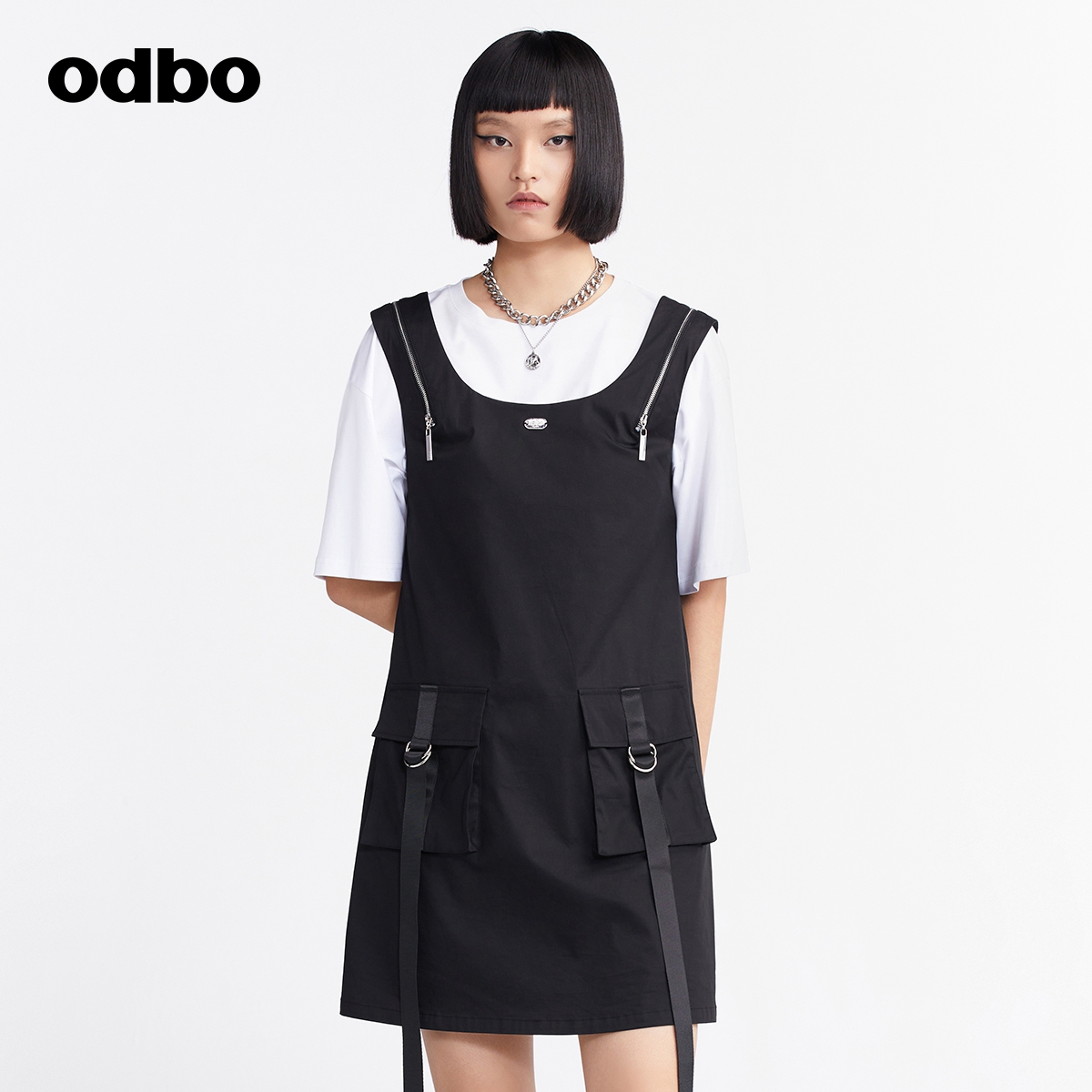 【HEARD】odbo欧宝潮牌工装减龄背带裙女夏季黑色宽松显瘦连衣裙