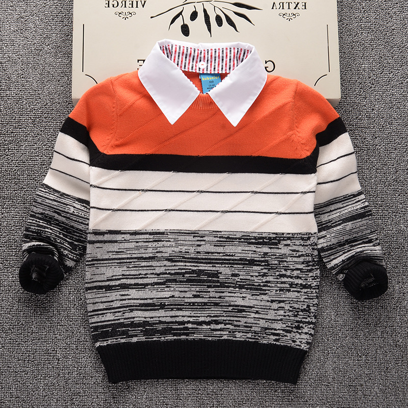 23春男童装毛衣新款假两件韩版条纹衬衣领针织套头中小童原创设计