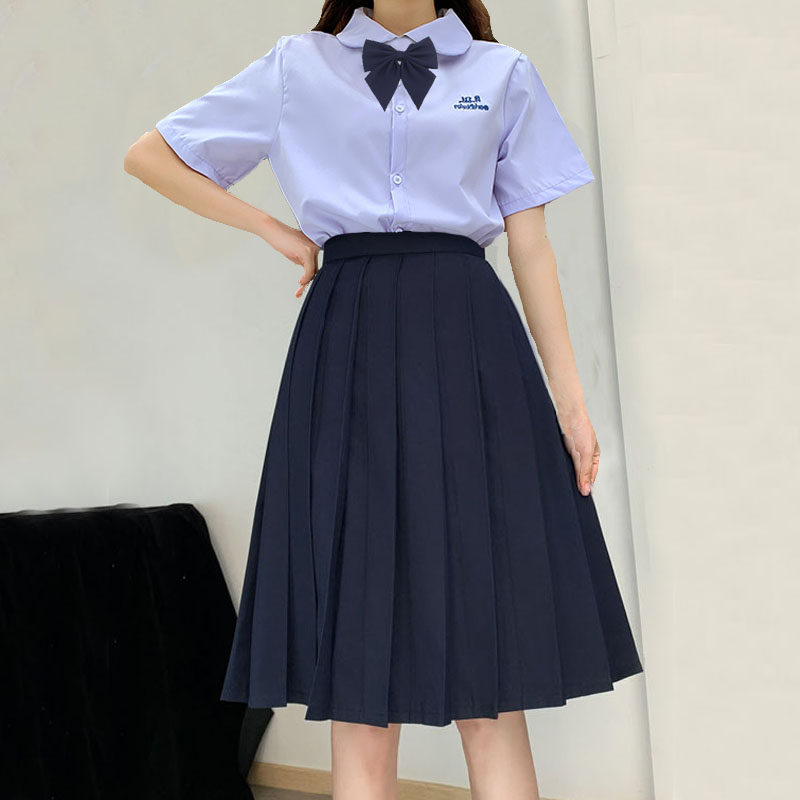 学生大码jk制服百褶长裙中长款半身裙学院风刺绣衬衫女夏班服套装