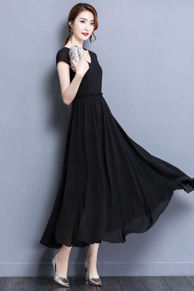 2019夏季新品大码女收腰大摆黑色雪纺长裙气质减龄胖mm长款连衣裙