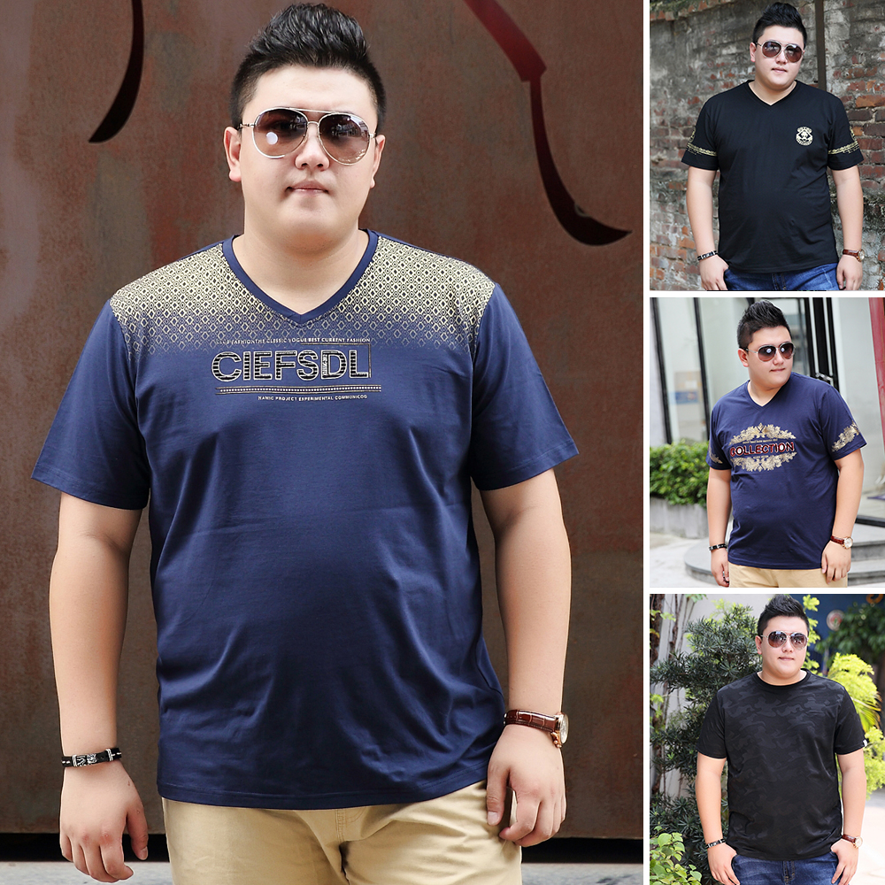 夏天肥佬短袖t恤大码男加肥加大宽松烫金潮胖子男装v领半袖衫7xl