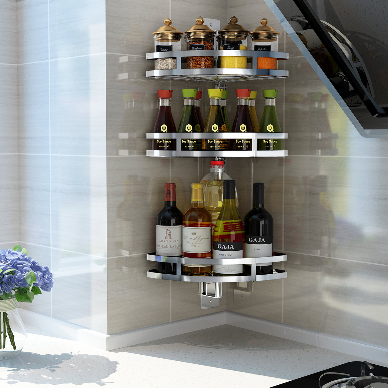 免打孔不锈钢厨房调味料收纳架油盐酱醋三角架多层转角旋转置物架