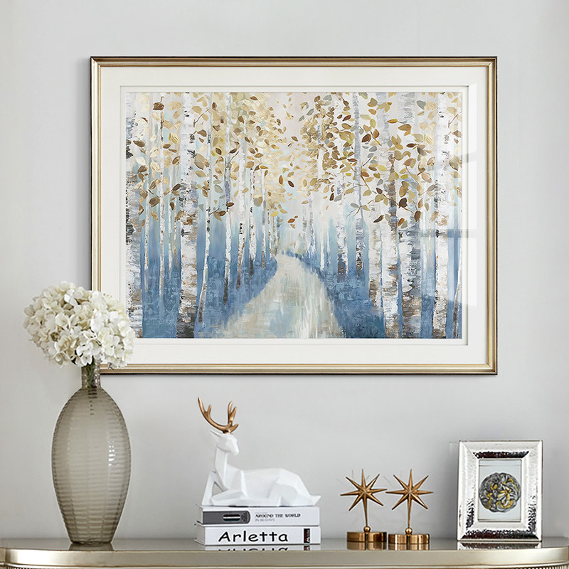 美式现代玄关装饰画餐厅餐边柜背景墙挂画简美轻奢走廊壁画白桦林