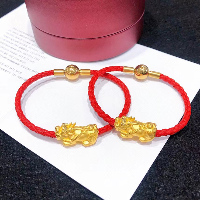 3d硬金黄金貔貅手串999足金麒麟转运珠男女情侣款皮绳手链手镯子