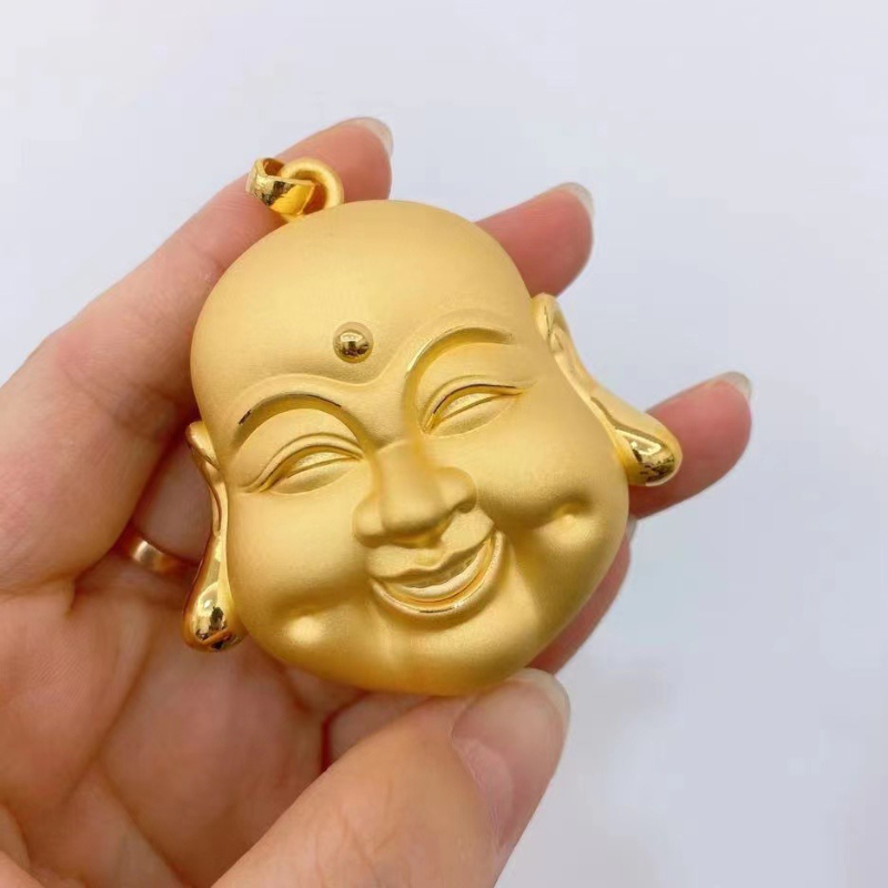 3d硬金黄金佛头吊坠女999足金弥勒佛吊坠纯金笑脸佛头项链保平安