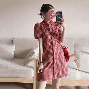 polo领短袖连衣裙子女红色格子2024夏季学生小个子单排扣休闲短裙