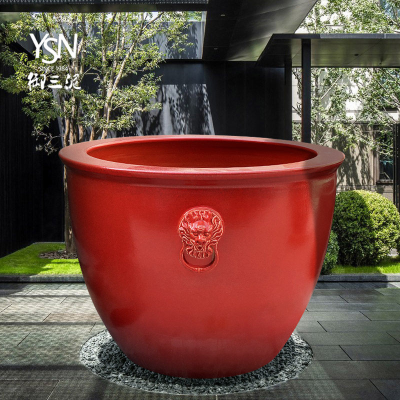 景德镇陶瓷红釉大缸中国红龙头镇宅庭院水缸招财送礼院