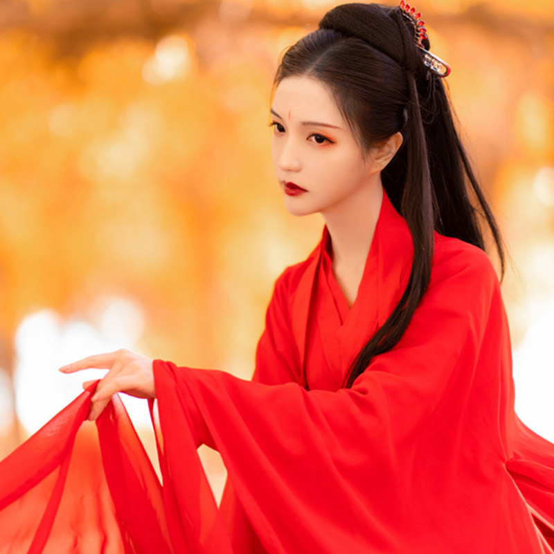 原创大红色汉服女超仙飘魏晋古风改良演出古装喜庆舞台服新款大袖