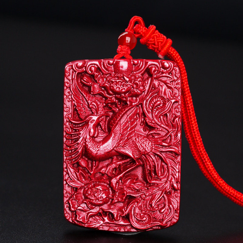 保真天然朱砂凤舞赐禄吊坠情侣款高含量紫金砂凤凰凤舞九天项链坠