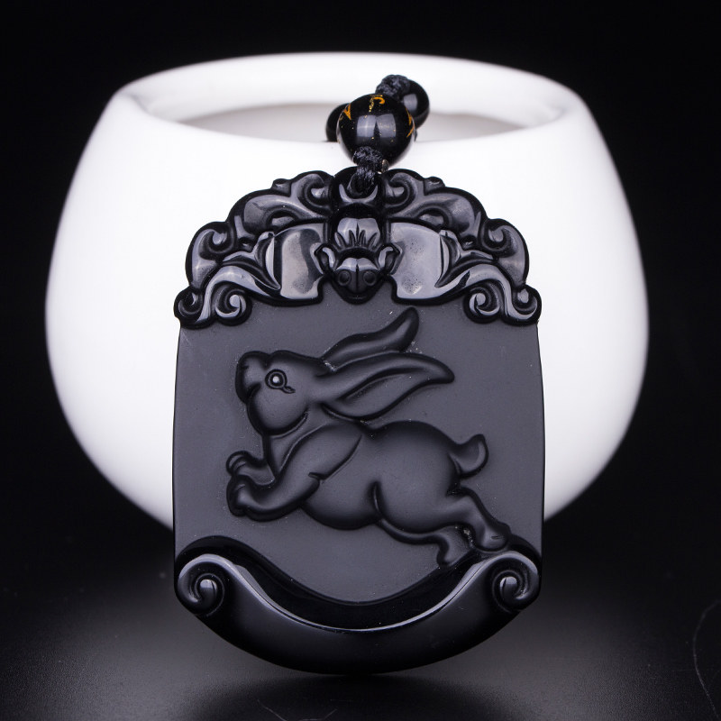 2021年生肖兔双兔护岁黑曜石吉祥物猪兔赐禄属兔开光护身符项链坠