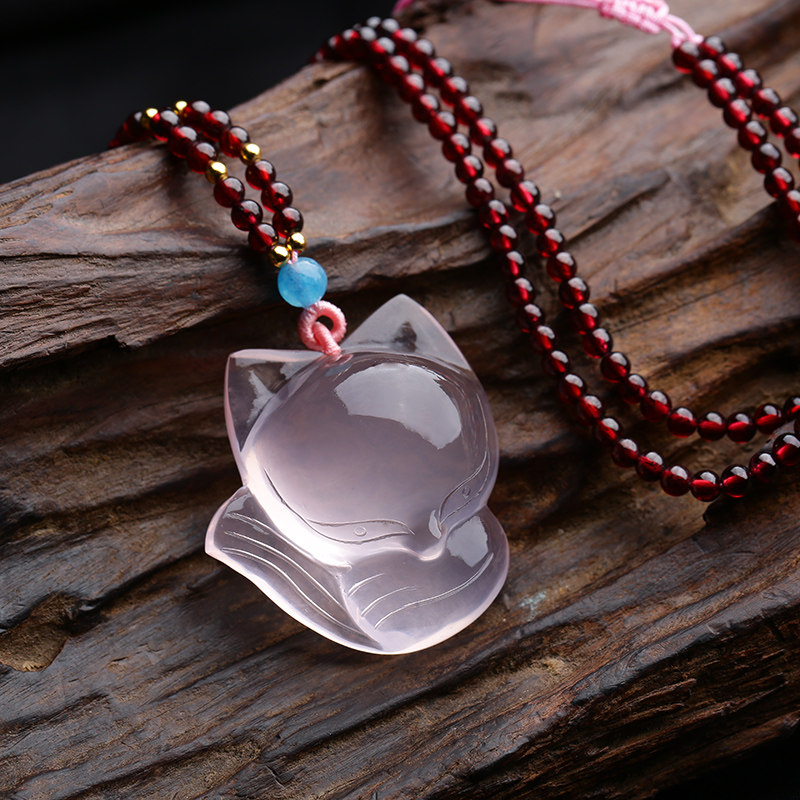 天然粉水晶狐狸吊坠女士石榴石项坠男款毛衣链粉双狐礼物饰品挂件