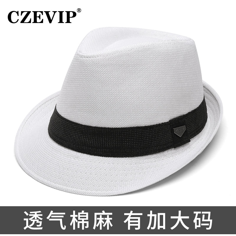 czevip新款白色棉麻小礼帽男士大头围帽子韩版夏季透气复古遮阳帽