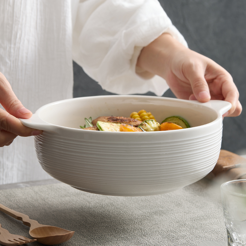 欧兰摩尔纯白色简约双耳碗泡面碗家用汤碗陶瓷餐具汤盆拉面碗大碗