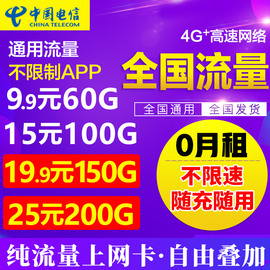 中国电信无限流量纯4g手机上网卡不限速全国0月租移动流量卡