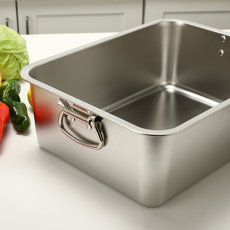 加厚304不锈钢盆带盖加深纯平底带耳把手方盆周转盆快餐盆冷库盘