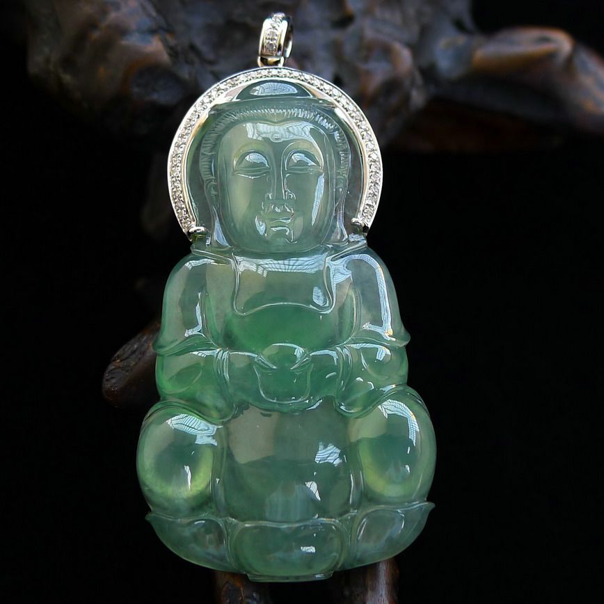 缅甸老坑冰种翡翠a货大件观音镶18k金伴钻吊坠13.31(含金重量)