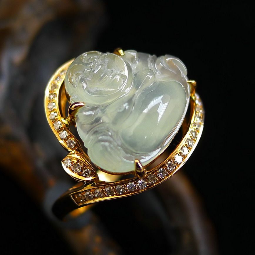 老坑冰种翡翠a货佛公镶18k金围钻戒指3.83g(含金重量)