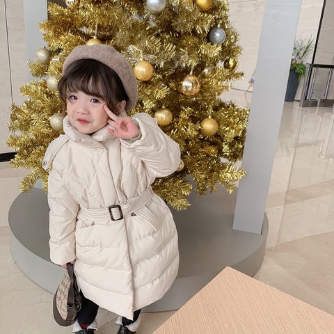 蓝小爸2019冬装新款女童羽绒服收腰中长款韩版百搭儿童白鸭绒外套
