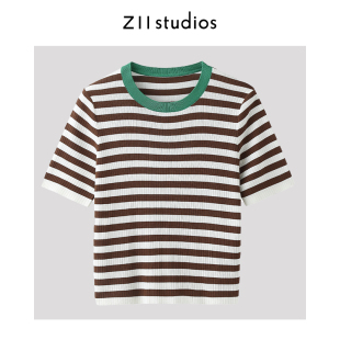 Z11 studios夏季针织衫女短袖罩衫薄款毛衣撞色经典条纹短款上衣