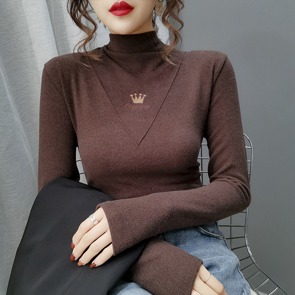 双面德绒半高领打底衫女长袖秋冬季磨毛t恤德荣加绒加厚内搭上衣