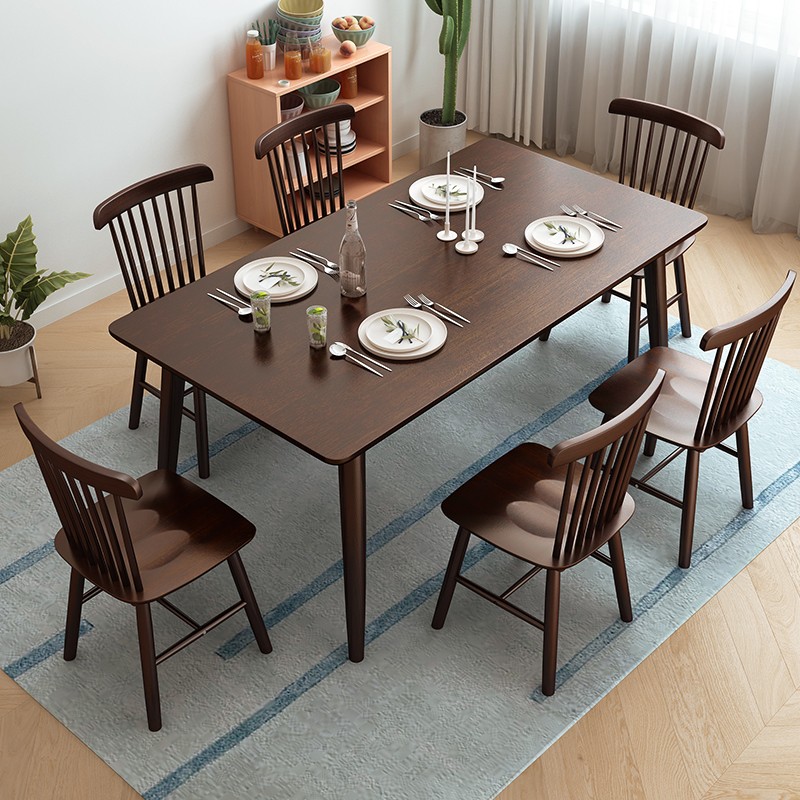 全实木餐桌椅子组合家用小户型简约现代胡桃色北欧吃饭桌子长方形
