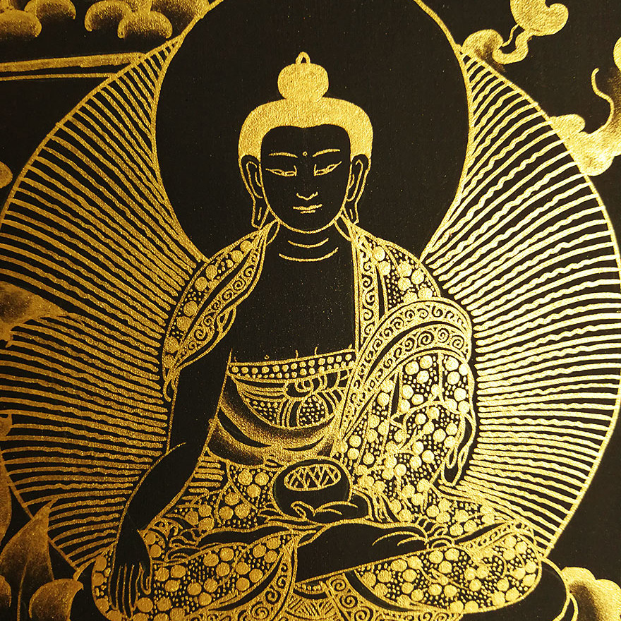 混合金药师七佛多尊黑金唐卡 尼泊尔画师gyamcho lama作品 5074