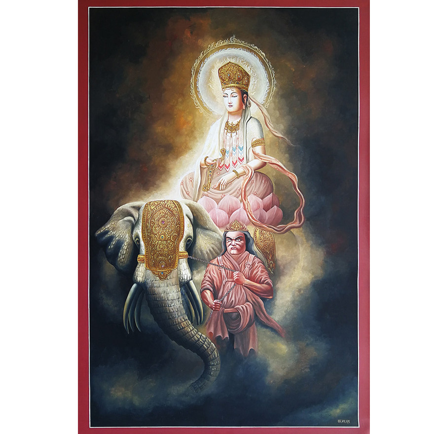 唐密风格普贤菩萨骑象图多尊唐卡 尼泊尔画师kaji lama作品5104
