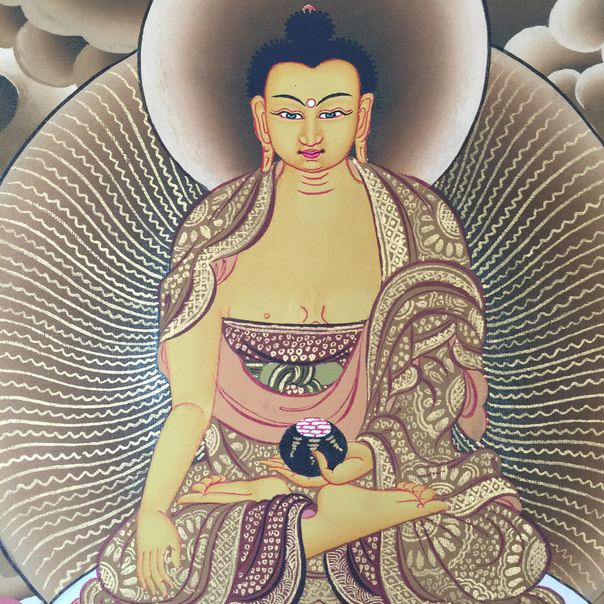 尼泊尔唐卡画师kalam lama作品巨幅彩绘描金无量寿佛长寿三尊5010