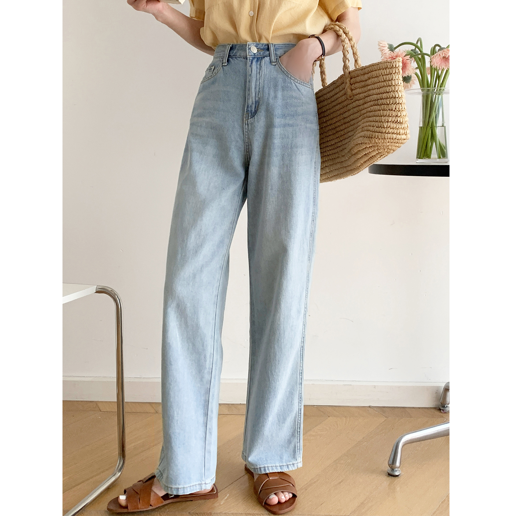 天空之外/复古水洗 浅色牛仔裤女夏薄款阔腿裤宽松高腰直筒裤子新